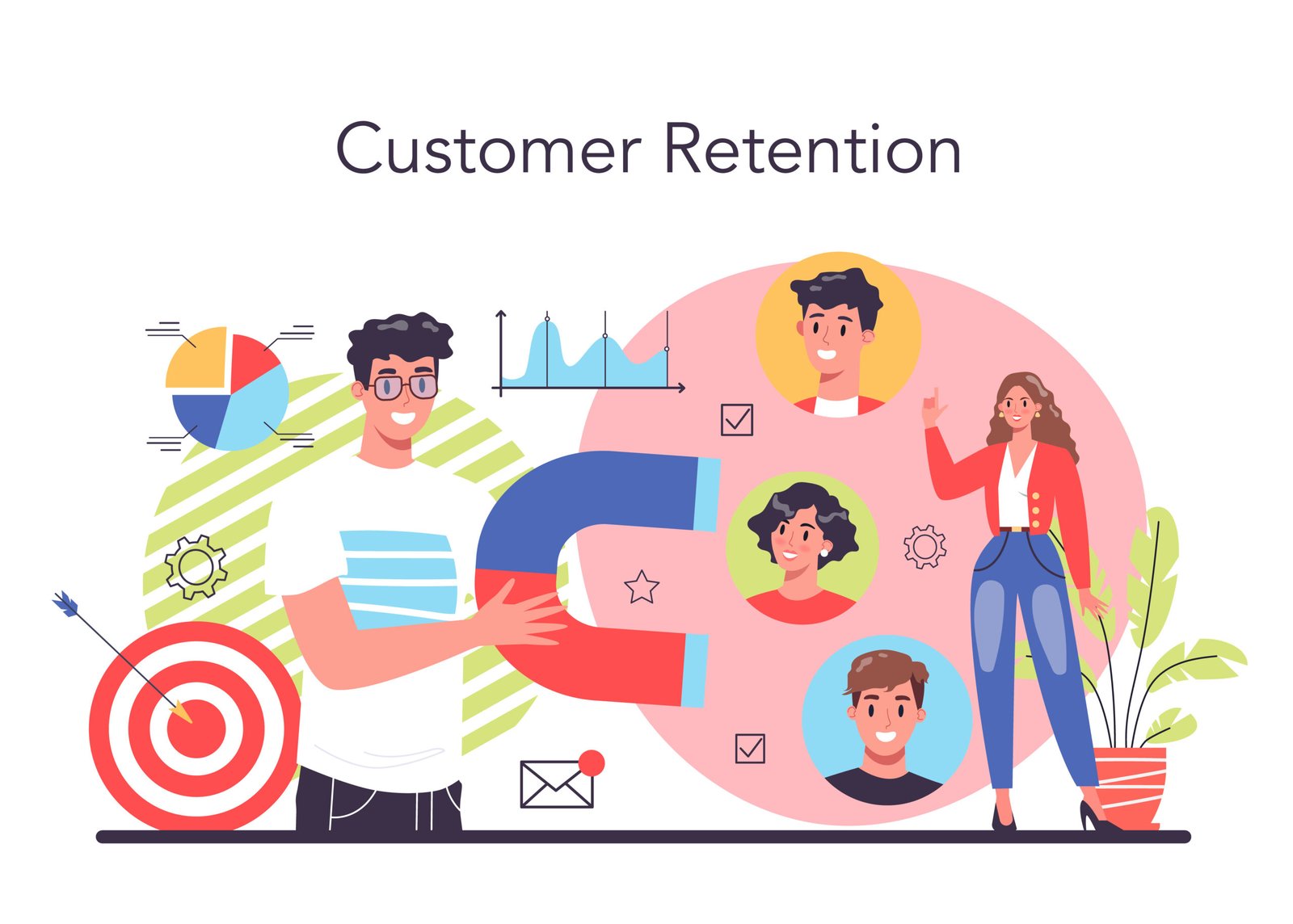 Customer loyalty concept. Marketing program development for client retention. Idea of communication and relationship with customers. Flat vector illustration